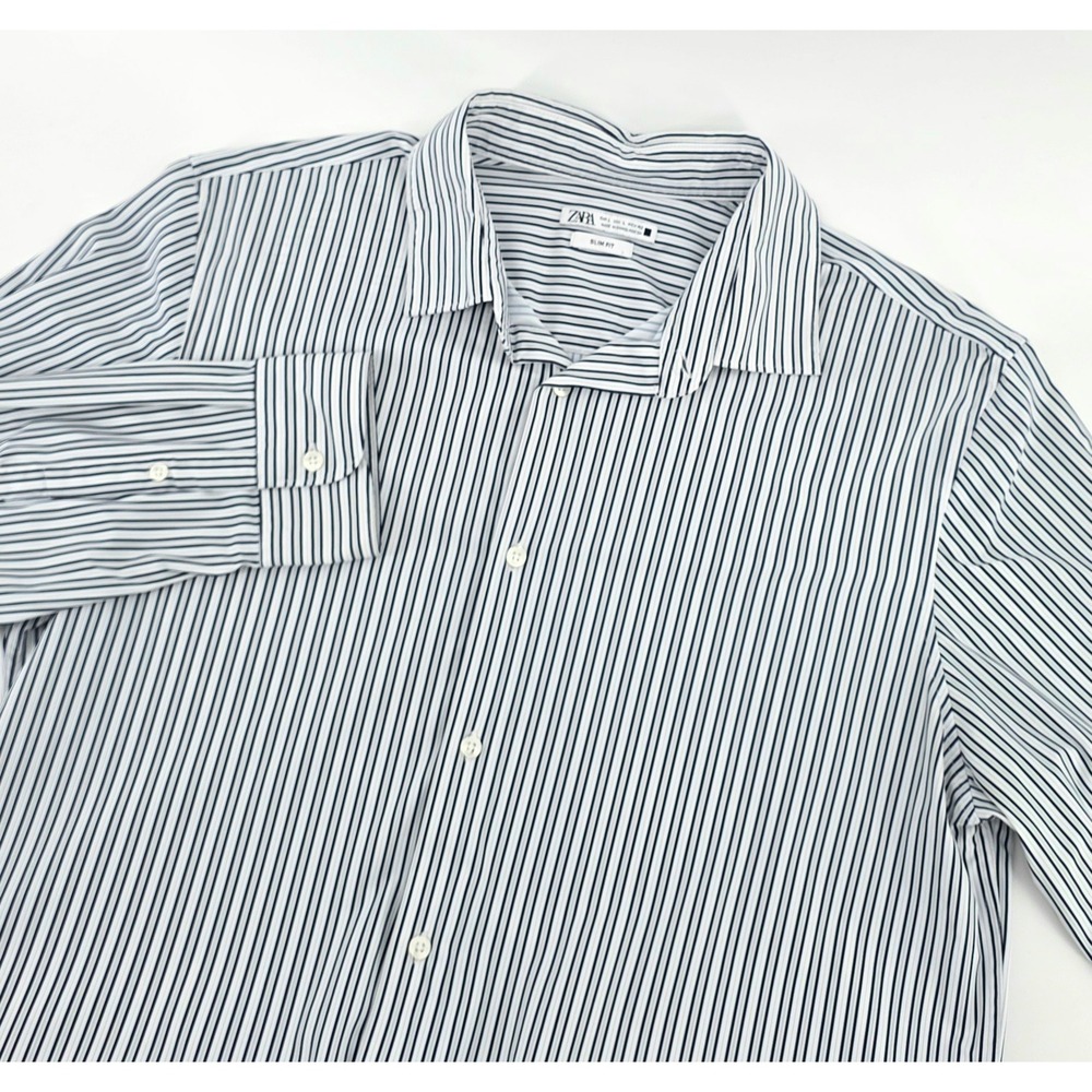 Zara Slim Fit Shirt Size Large Mens Professional Striped Blue White Long Sleeve